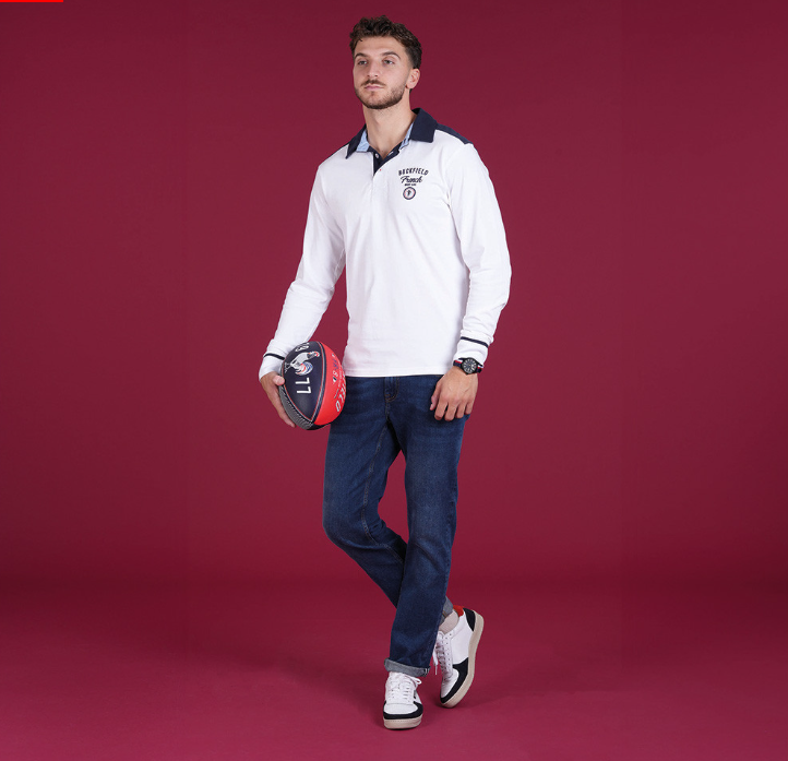 Polo manches longues Ruckfield, blanc et bleu marine, collection French
