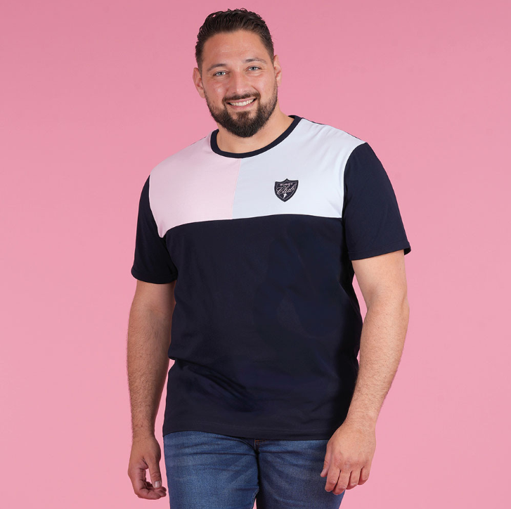 T-shirt color block bleu marine, empiècement rose et bleu ciel