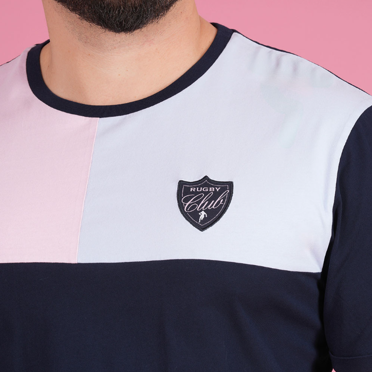 T-shirt color block bleu marine, empiècement rose et bleu ciel